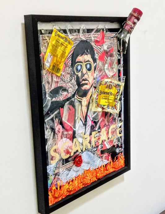 SCARFACE ON FIRE WITH BROKEN BOTTLE CARDINAL MENDOZA (VENDUTO! Disponibili lavori personalizzabili in base ai gusti del cliente...bottiglia compresa)