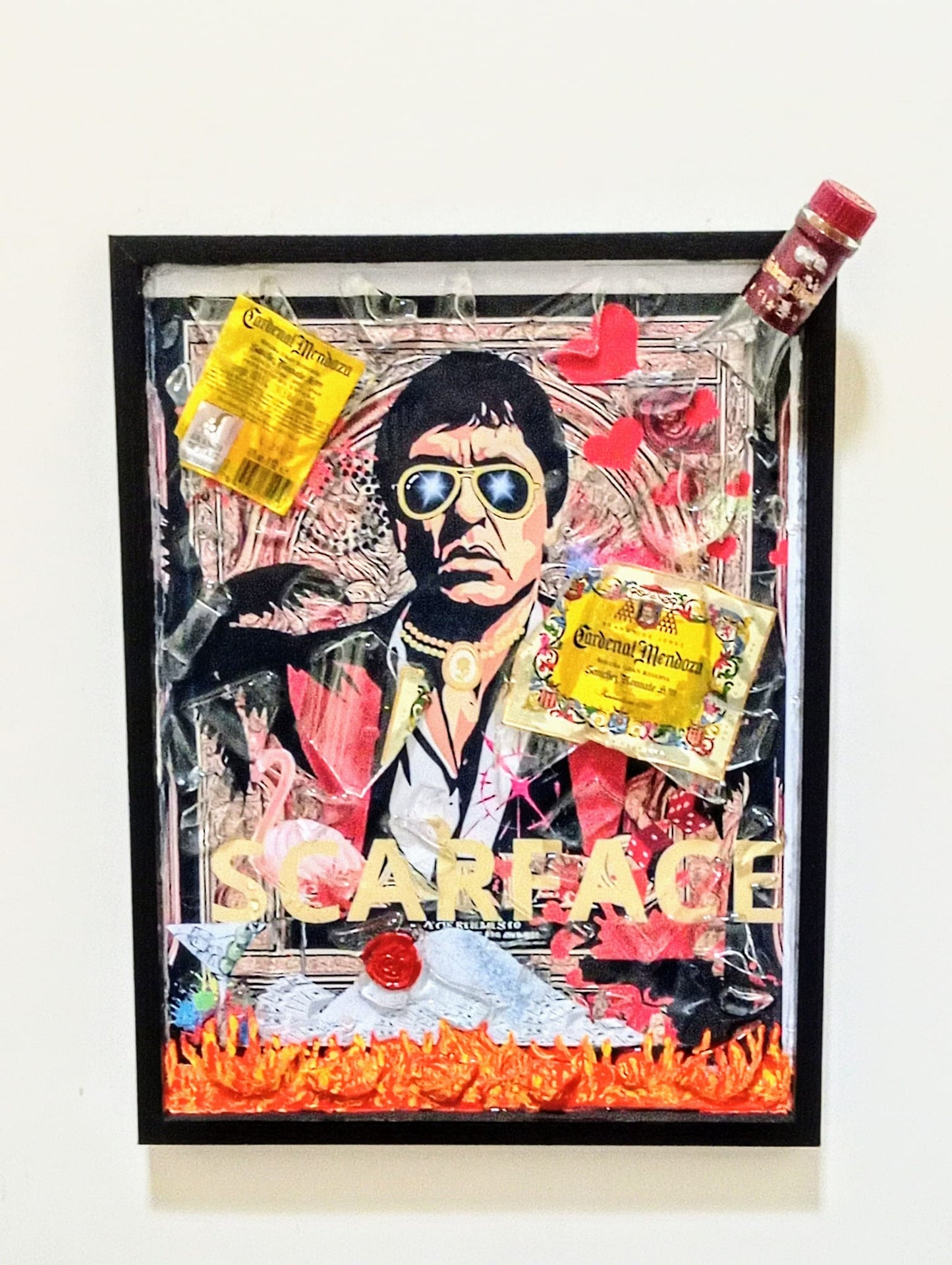 SCARFACE ON FIRE WITH BROKEN BOTTLE CARDINAL MENDOZA (VENDUTO! Disponibili lavori personalizzabili in base ai gusti del cliente...bottiglia compresa)