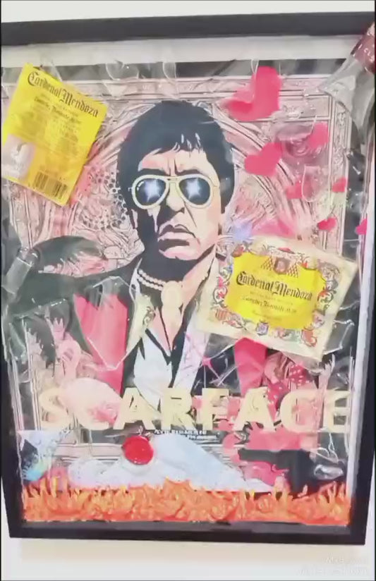 SCARFACE ON FIRE WITH BROKEN BOTTLE CARDINAL MENDOZA (VENDUTO! Disponibili lavori personalizzabili in base ai gusti del cliente...bottiglia compresa)